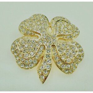 Joan Rivers Gold Tone Rhinestone Clover Brooch Pavé Signed 1.5"